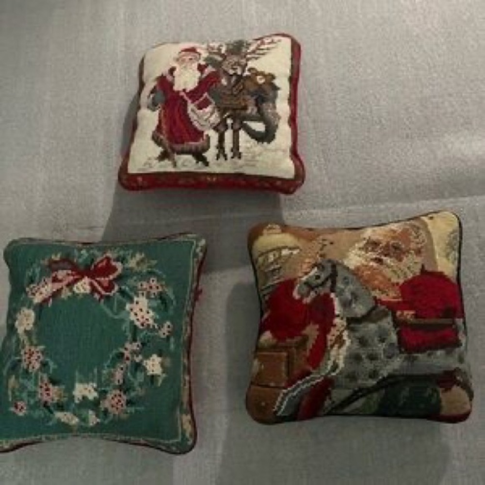 Holiday Needlepoint Decorative Throw Pillow - Red, Green, Cream - Picture 1 of 7